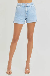RISEN Full Size High Rise Belted Roll Up Shorts Plus Size OutfitFlow